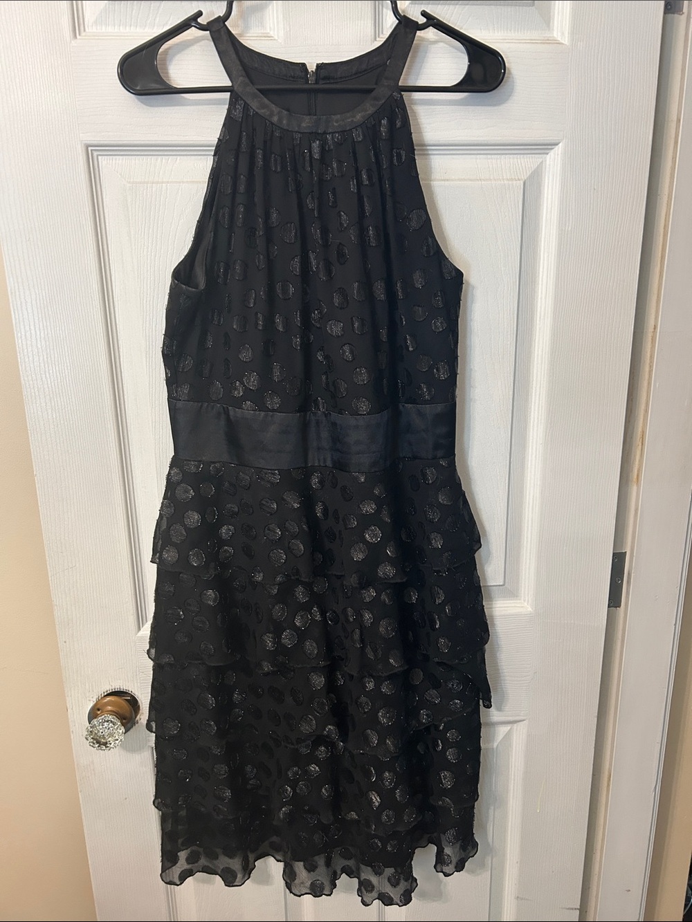 Black Halter Tiered Midi Dress with Subtle Metallic Dots